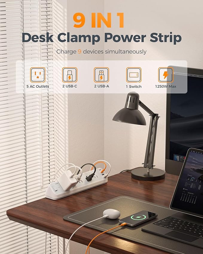 Desk Clamp Power Strip 10 Ft, TESSAN 2100J Surge Protector Desk Charging Station - Image 2
