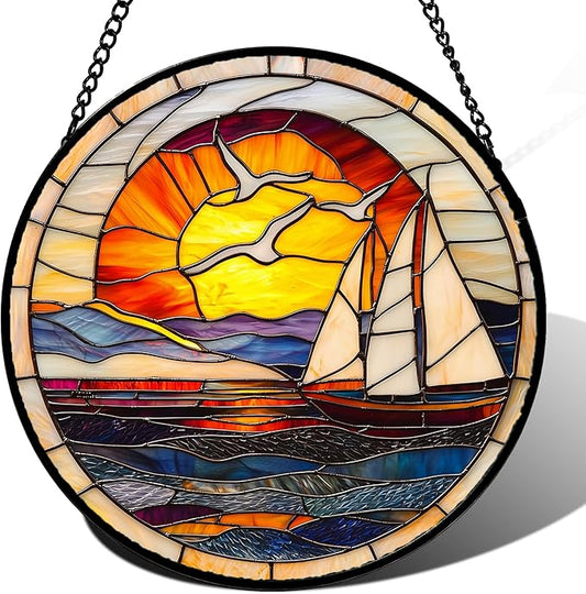 DASTOLL Stained Glass Window Hanging, Sun Ocean Sailboat Seagull Abstract by DASTOLL