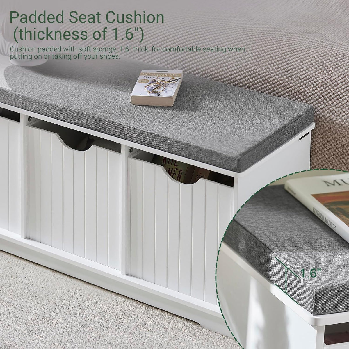 haotian white storage bench with drawers & seat, side view