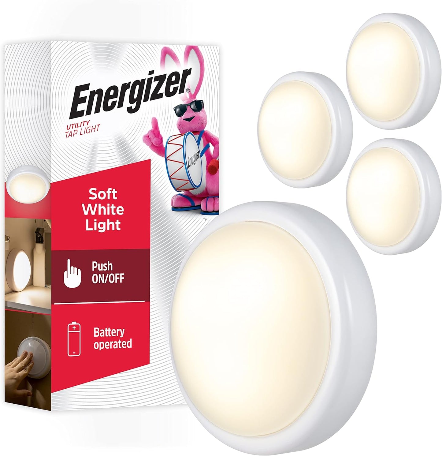Energizer Battery Operated Lights LED Tap Light Under Cabinet Lighting for Kitchen Closet Pantry Garage, AA Batteries Required, Nightlight for Bedroom, 4 Pack, 48958