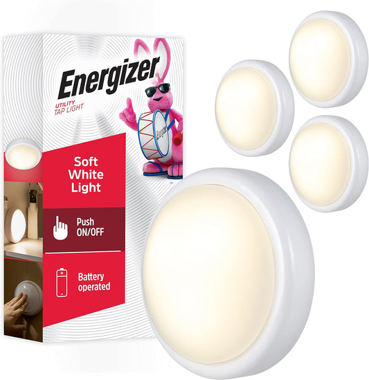 Energizer Battery Operated Lights LED Tap Light Under Cabinet Lighting for Kitchen Closet Pantry Garage, AA Batteries Required, Nightlight for Bedroom, 4 Pack, 48958
