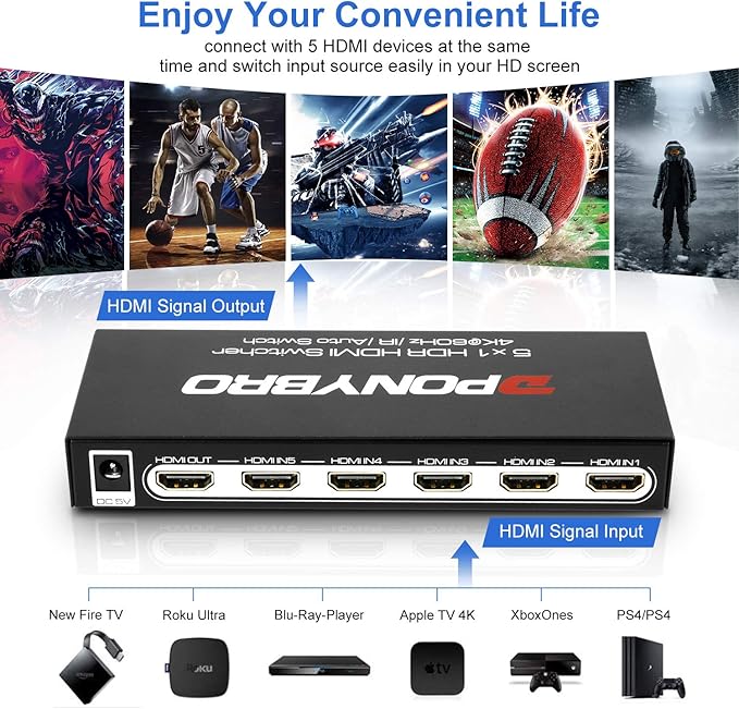 PONYBRO HDMI 2.0 Switch 5 Port 4K@60Hz Auto-Switching – 5 in 1 Out - Image 2