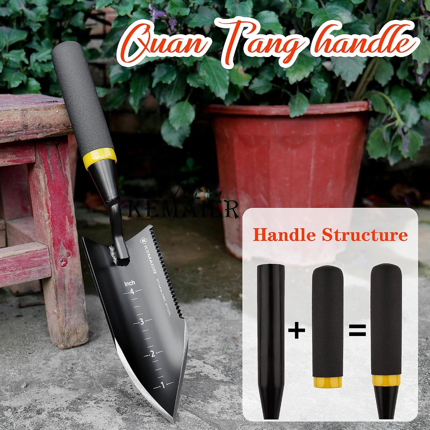 Kemaier Heavy Duty Gardening Hand Trowel - Stainless Steel Tool | Sharp Weeding, Serrated Cutting, Measured Planting, The Shovel Pros Actually Rely On