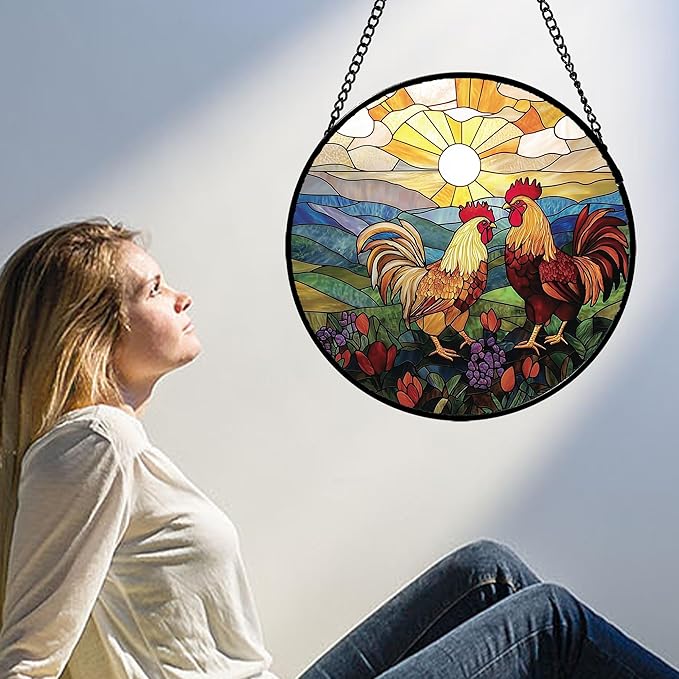 AMDERVEN Stained Glass Window Hanging, Countryside Scenery Chicken Sun Catcher - Image 4