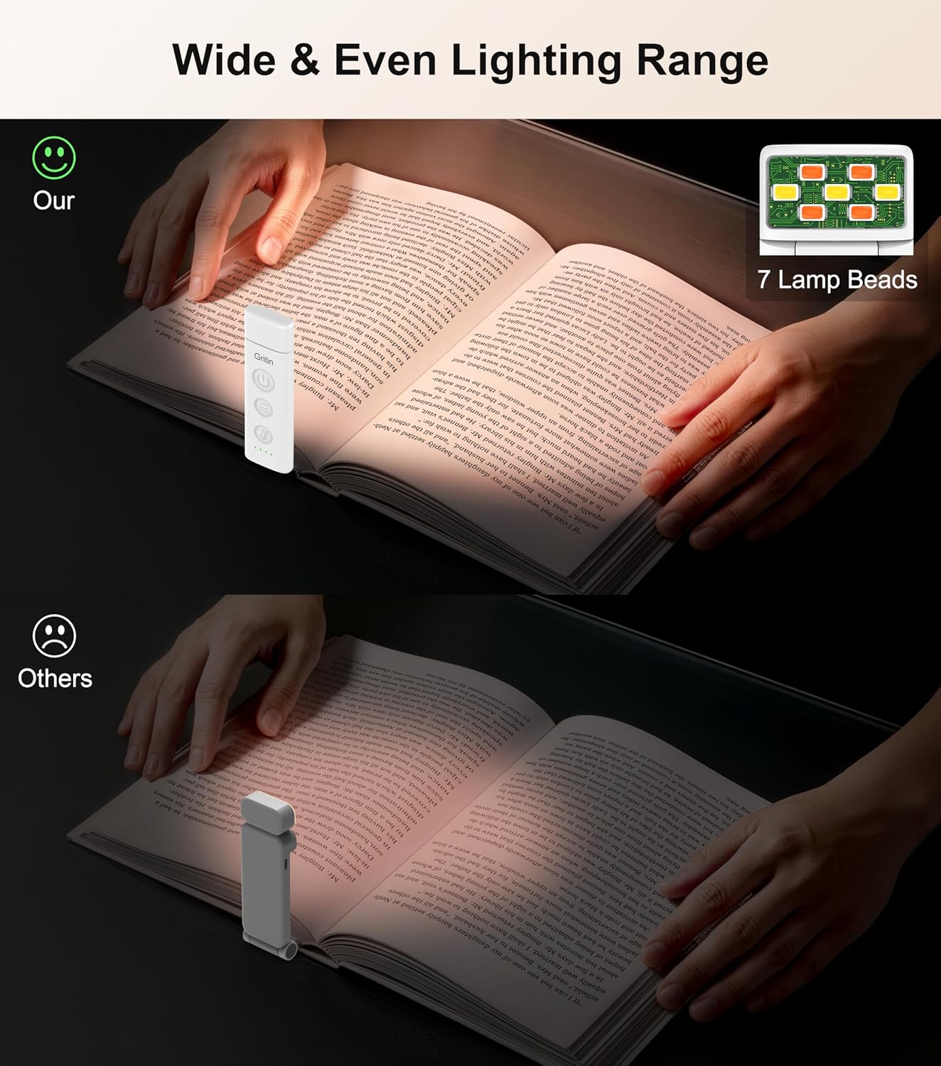Gritin Book Light Rechargeable, Clip on LED Reading Light for Books in Bed | Eye Caring 3-Color & 5-Brightness, Stepless Dimming, Long Lasting, Compact Size Flexible Book Lamp for Bookworms