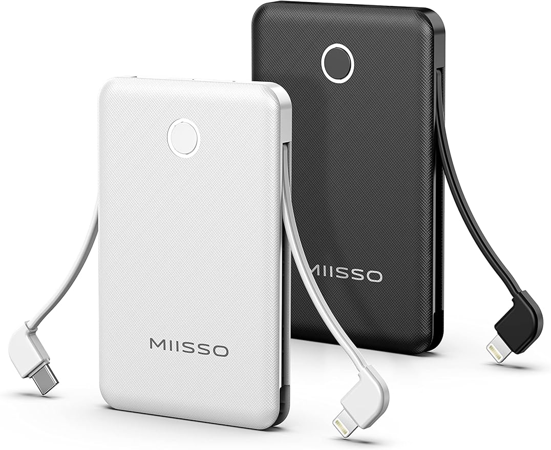 6000mah Ultra Slim Built in Cables Power Bank, Card Size Built in USB C Cords by MIISSO