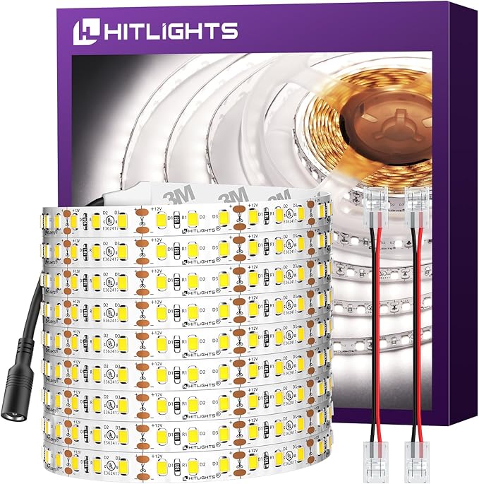 HitLights Cool White LED Strip Lights 5000K, 24.6ft High Density 12V Tape Light by HitLights