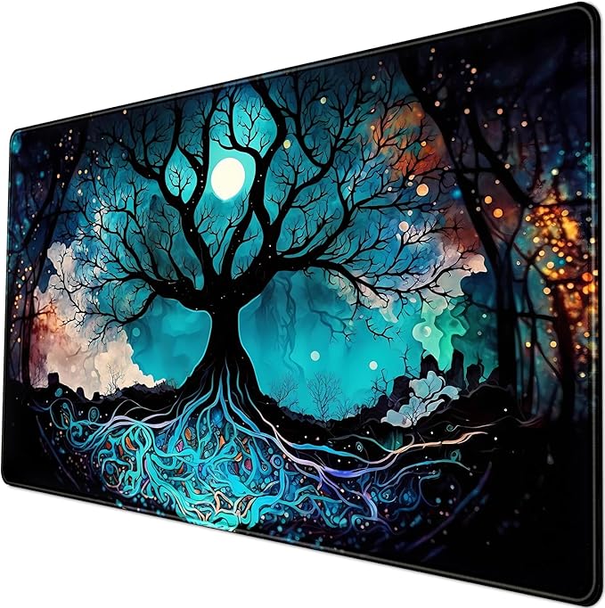 Vintage Blue AI Original Desk Mat Life Tree Aesthetics Desk Pad Large Flower by LuckyCow