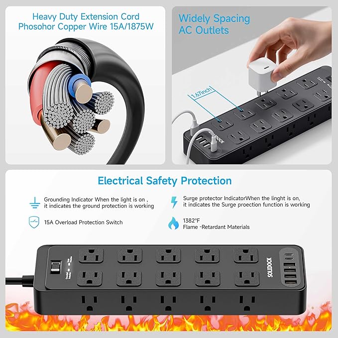 Solidock Flat Plug Power Strip Surge Protector - Image 6