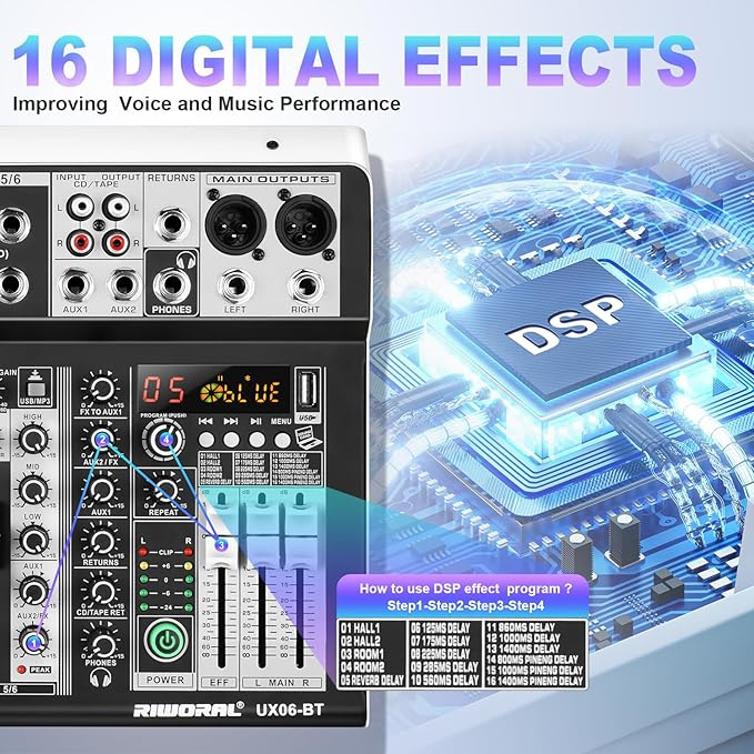 6 Channel Audio Interface Sound Board Mixing Console 16-Bit DSP DJ Mixer Audio - Image 6