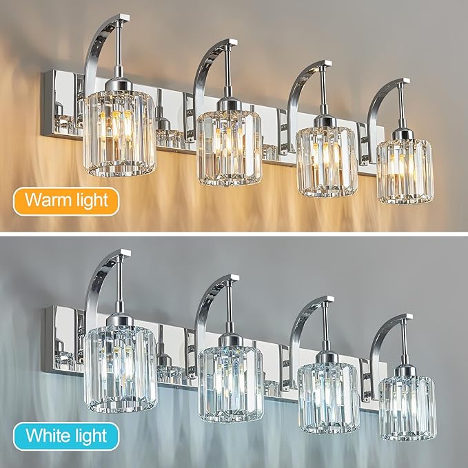 FDPBY 4-Light Crystal Vanity Light, Modern Chrome Bathroom Wall Sconce - Image 2