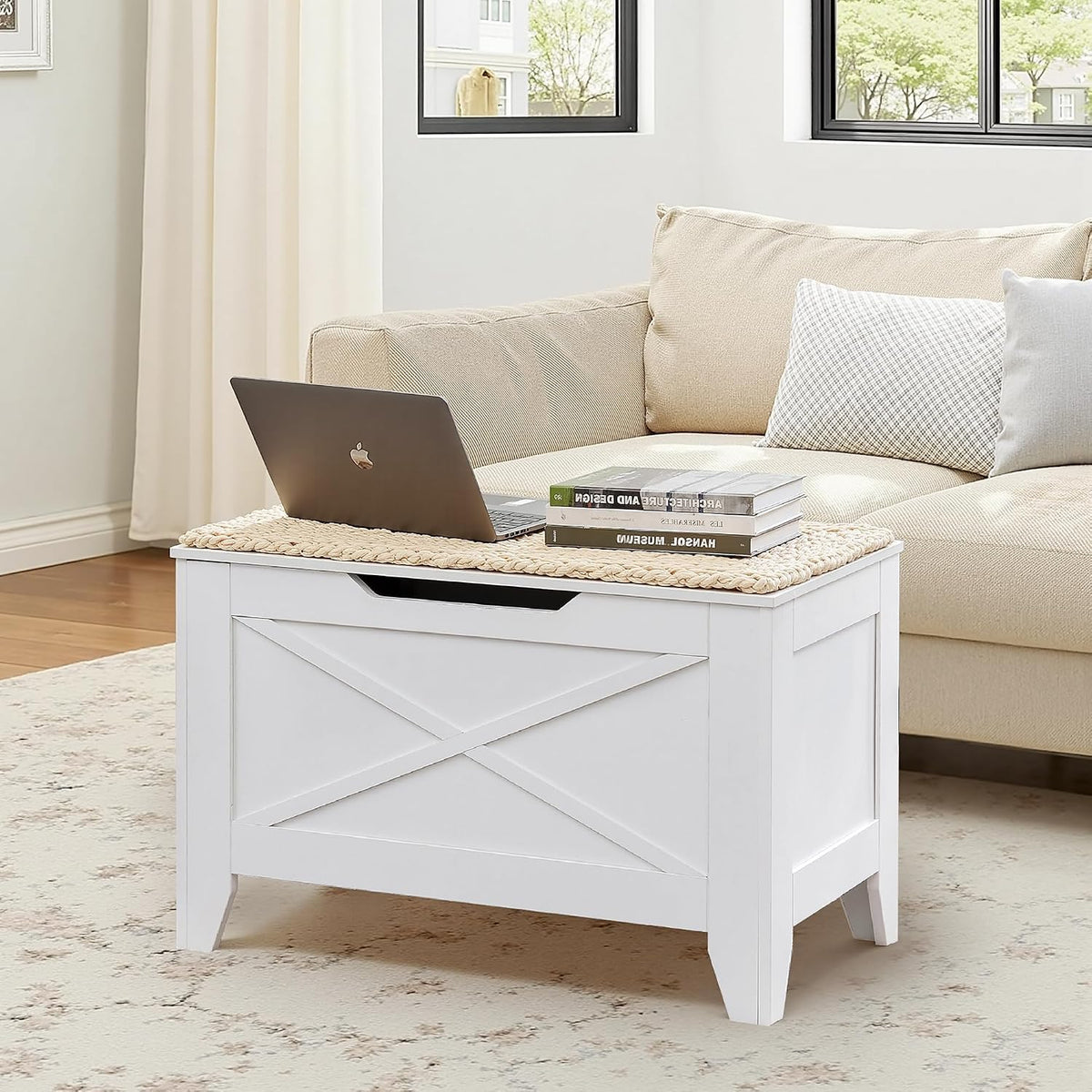 vecelo 30" storage bench with handwoven wicker cushion, main product view