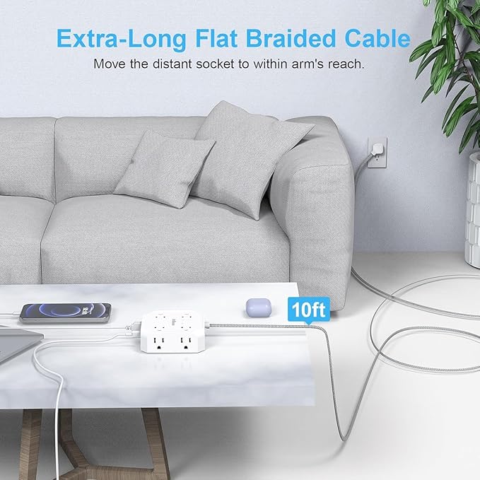 Surge Protector Flat Plug Power Strip, 10Ft Extension Cord - Image 6