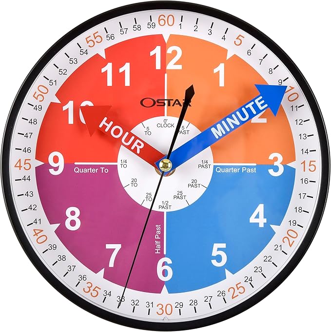 OSTAR Telling Time Teaching Wall Clock, Analog Silent Learning Clock by TrulySilentClocks