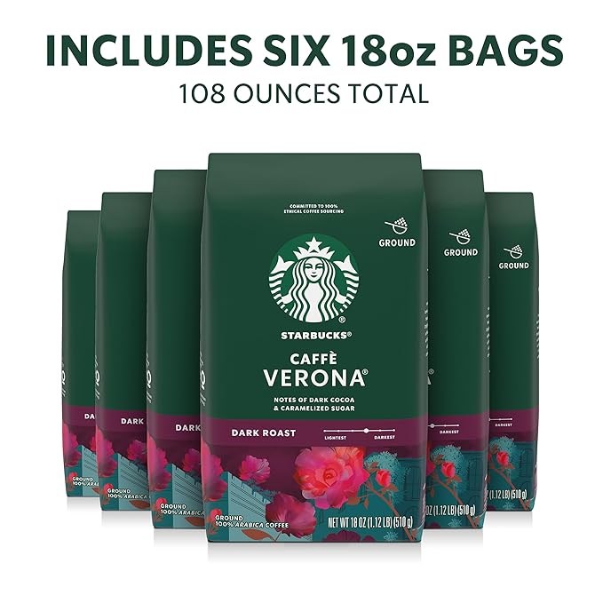 Starbucks Ground Coffee, Dark Roast Hot or Iced Coffee, Caffè Verona, Six 18 oz - Image 2