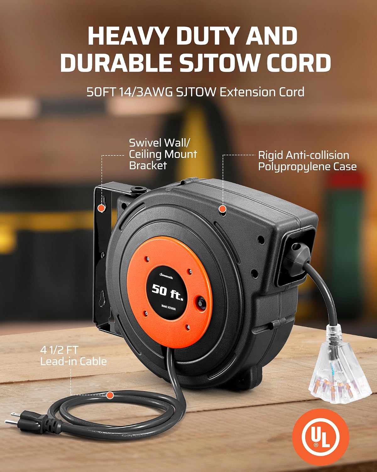DEWENWILS 50FT Retractable Extension Cord Reel, 14AWG/3C SJTOW Cord Reel | 3-Lighted Triple Outlets, 14AWG/3C SJTOW, 13 Amp Circuit Breaker, Heavy Duty Power Cord for Garage, Workshop