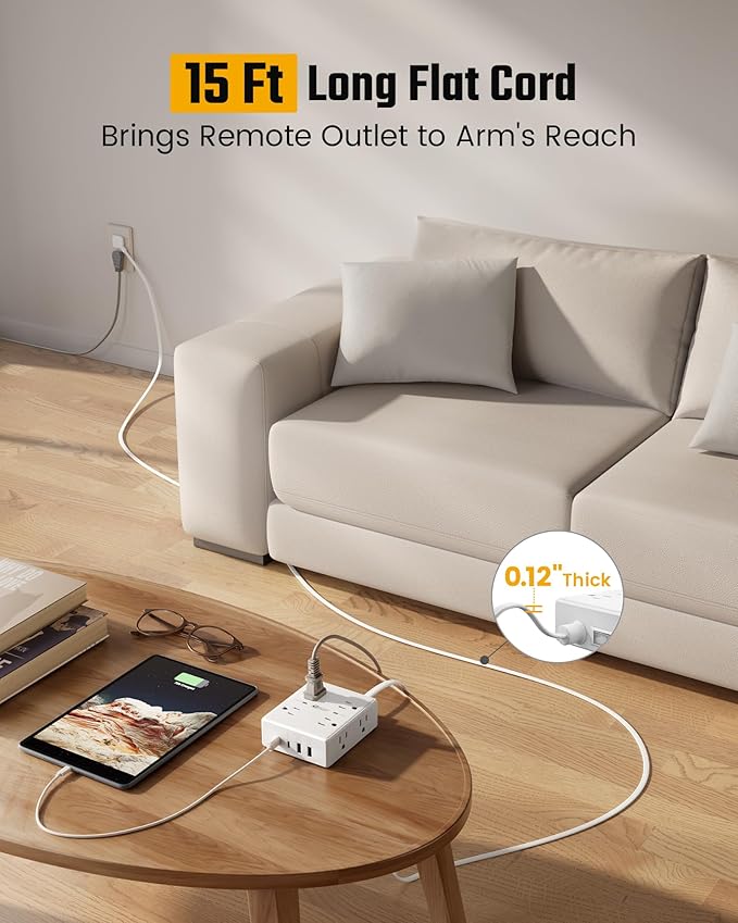15Ft Long Extension Cord, Surge Protector Power Strip - Image 2