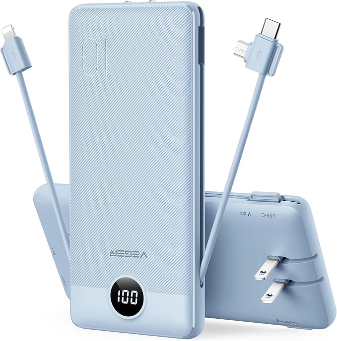 VEGER Portable Charger for iPhone Built in Cables and Wall Plug, 10000mah Slim by VEGER