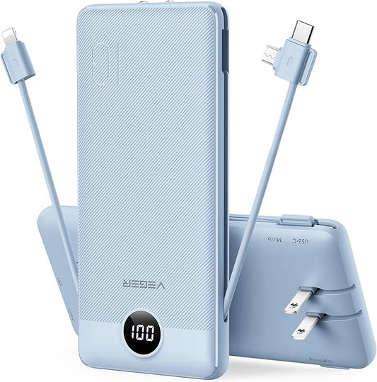 VEGER Portable Charger for iPhone Built in Cables and Wall Plug, 10000mah Slim by VEGER