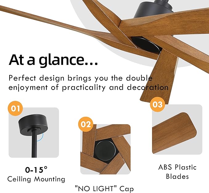 WINGBO 54" ABS DC Ceiling Fan No Light, 5 Blade Wood Grain ABS Ceiling Fan - Image 5