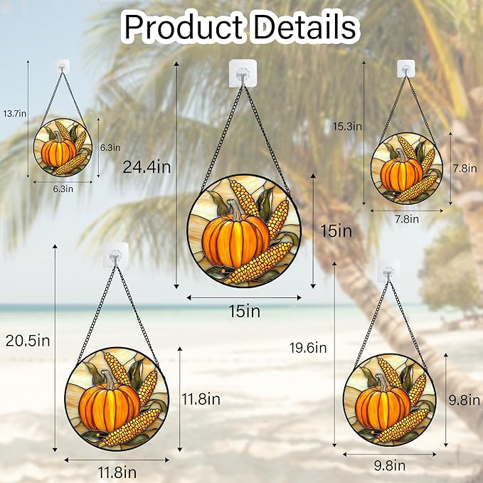 DASTOLL Stained Glass Window Hanging Autumn Harvest Pumpkin Corn Large 15" - Image 6
