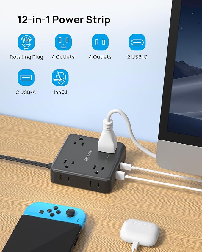 TROND 360° Rotating Flat Plug Power Strip, 10FT Flat Extension Cord - Image 3