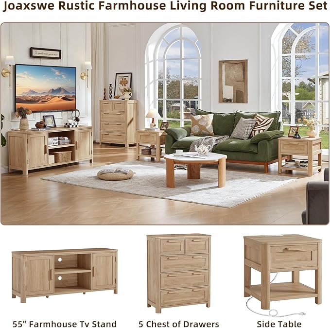 Joaxswe Farmhouse 55" Entertainment Center, Natural Oak Tv Stand - Image 3