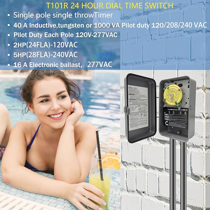 T101R Mechanical Timer Switch, 208–277 VAC 40 Amp, Pool Pump Switch, 24 Hour 12 - Image 4