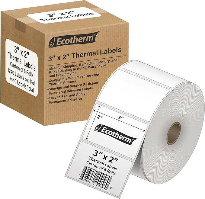 3" x 2" Thermal Labels | 6 Rolls | 7440 Labels | fits Zebra, Offnova Thermal by EcothermProducts