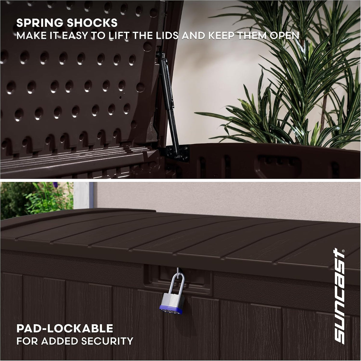 suncast 134-gal. resin extra-large outdoor patio deck box, package contents