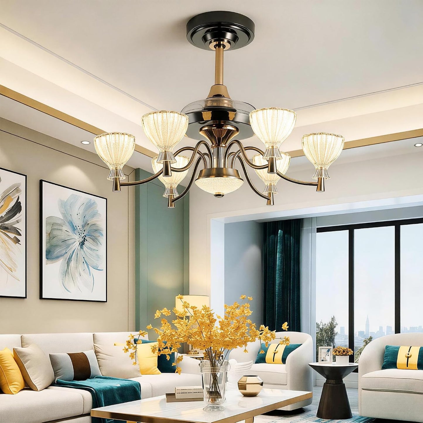 JAYNLT 30" Luxury Fandelier Ceiling Fan with Lights, Retractable Blades | Chandelier for Dining Room, Quiet Reversible DC Motor, Remote & APP Smart Control, 6-Speed Wind & Timer Function