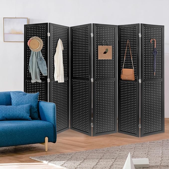 ECOMEX 6 Panel Room Divider, 5.6Ft Pegboard Display Wooden Room Divider Folding - Image 9