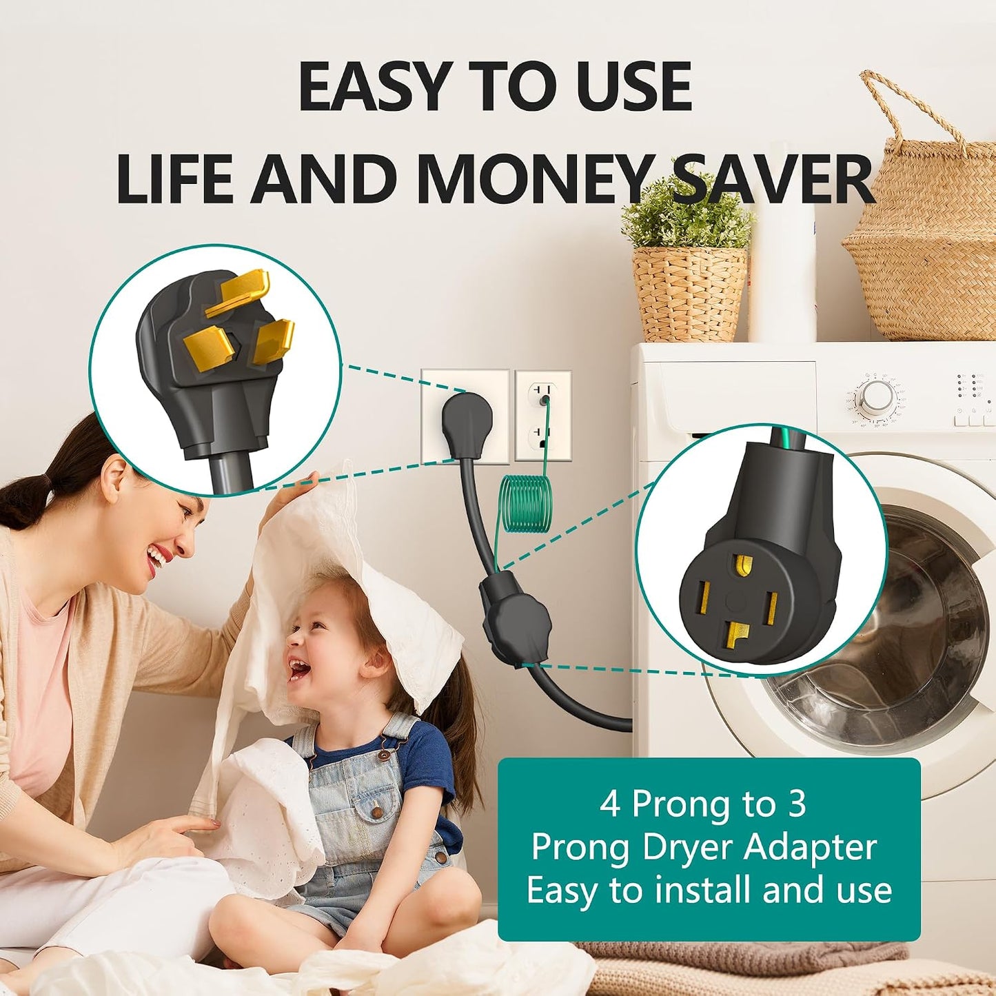 4 Prong to 3 Prong Dryer Plug Adapter with Green Ground Wire | Connects 4-Prong New Dryer Female to 3 Prong Old Dryer Male Receptacle, 10-30P to 14-30R Dryer Adapter