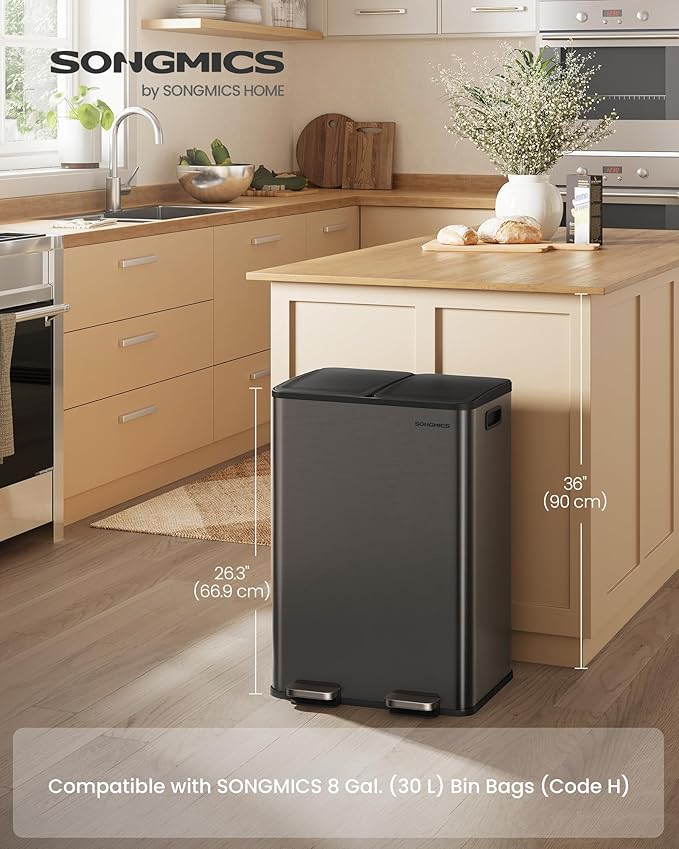 SONGMICS Trash Can, 2 x 8 Gallon Dual-Compartment Garbage Can - Image 2