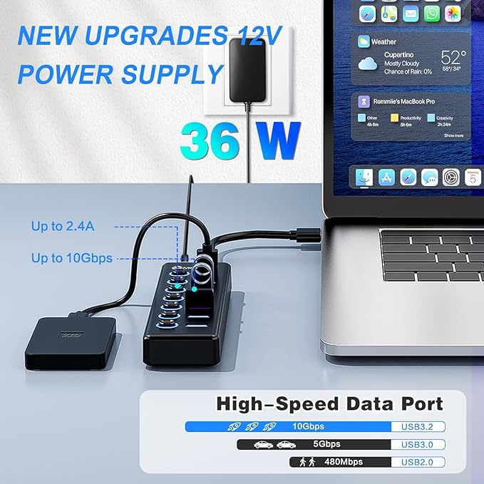 7-Port USB 3.2 Hub, Data USB Hub Splitter - Image 3