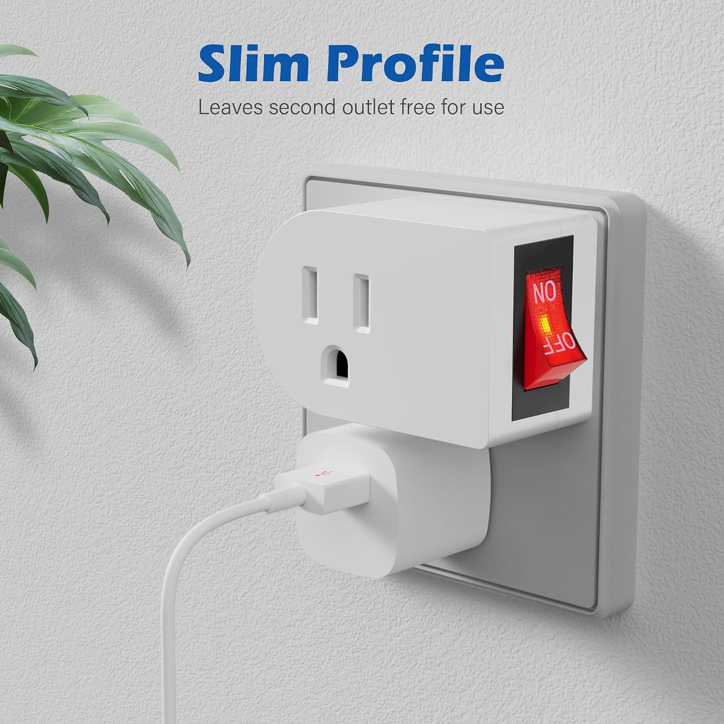 HiFind Grounded Outlet Extender with ON/Off Switch (2 Pack), 3 Prong Single Port Power Adapter, Energy & Space Saving Wall Tap Plug with Red Indicator for Light & Small Appliance, ETL, White