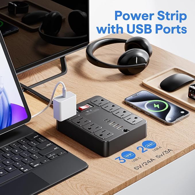 13 in 1 Surge Protector Power Strip Flat Plug 8 Widely AC Outlet 3 USB Ports - Image 2