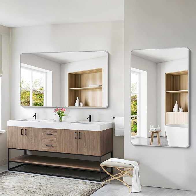 55x36 Inch Silver Bathroom Mirror, Large Rectangular Vanity Mirror, Metal - Image 4