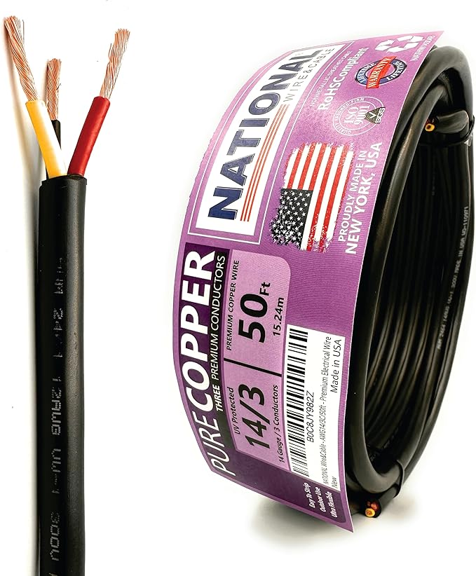 NATIONAL Wire & Cable – 14 AWG 3-Conductor Premium Copper Wire, 50 ft, Stranded by NATIONALWireCable