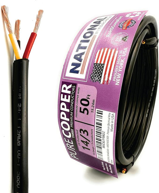 NATIONAL Wire & Cable – 14 AWG 3-Conductor Premium Copper Wire, 50 ft, Stranded by NATIONALWireCable