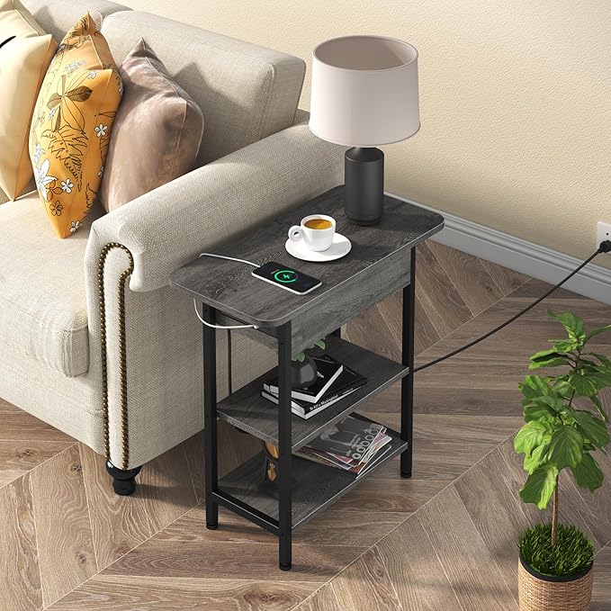 LIDYUK End Table with Charging Station, Flip Top Narrow Side Table - Image 2