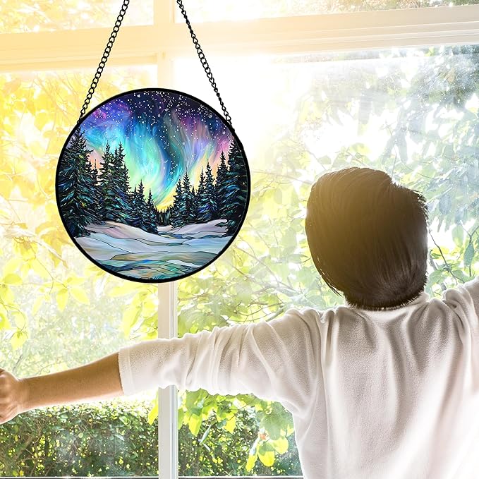 DASTOLL Stained Glass Window Hanging, Aurora Landscape Sun Catchers Glass Panel - Image 4