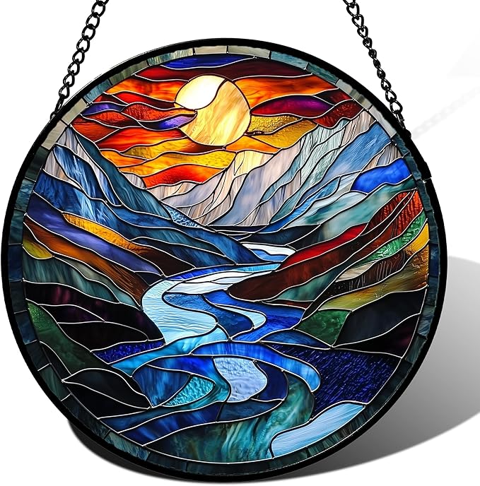 AMDERVEN Stained Glass Window Hanging, Canyon Mountains Sunset View Sun Catcher by amderven