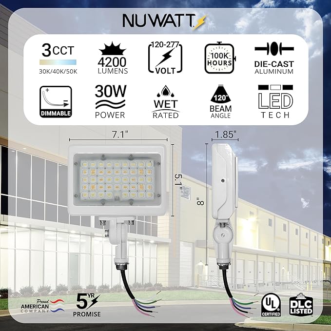 NUWATT 30W LED Flood Light, 3CCT 3000K/4000K/5000K Selectable, IP65 Waterproof - Image 2