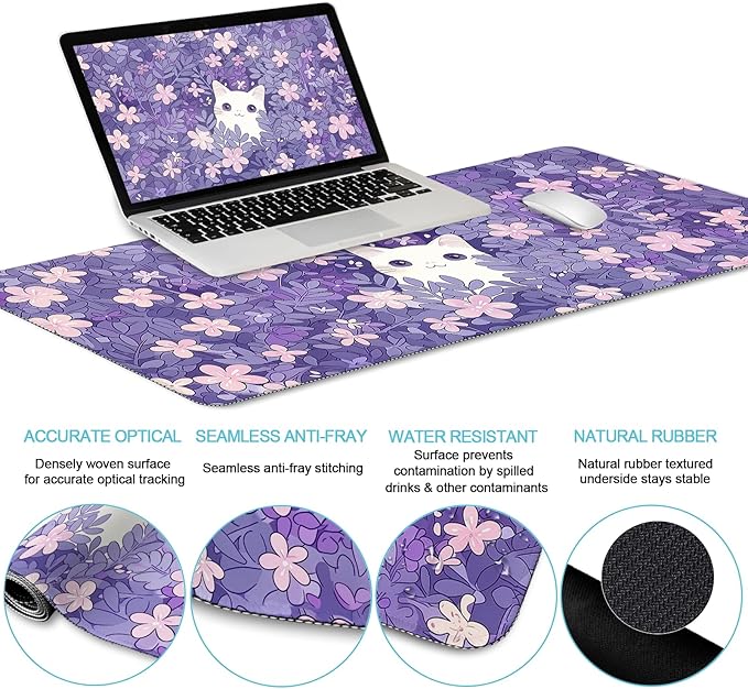 LIMKRIAN Purple Mouse Pad Large Desk Mat Set, Kawaii Cat Computer Mouse Pad - Image 3