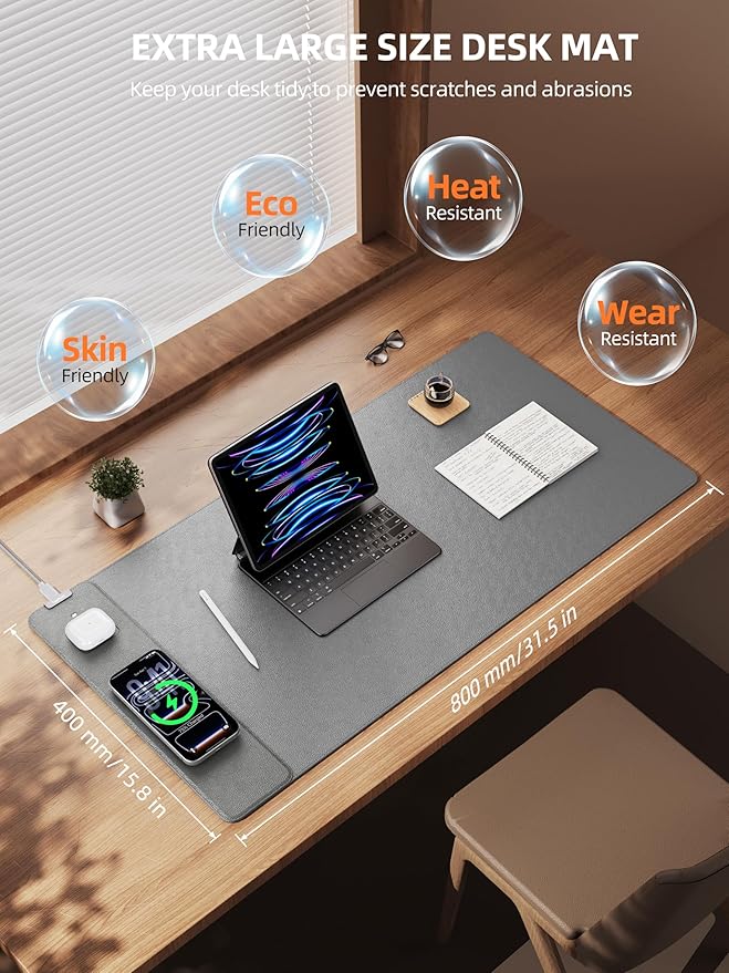 TopMade Mouse Pad with 15W Wireless Charging, XXL Large Leather Desk Mat - Image 4