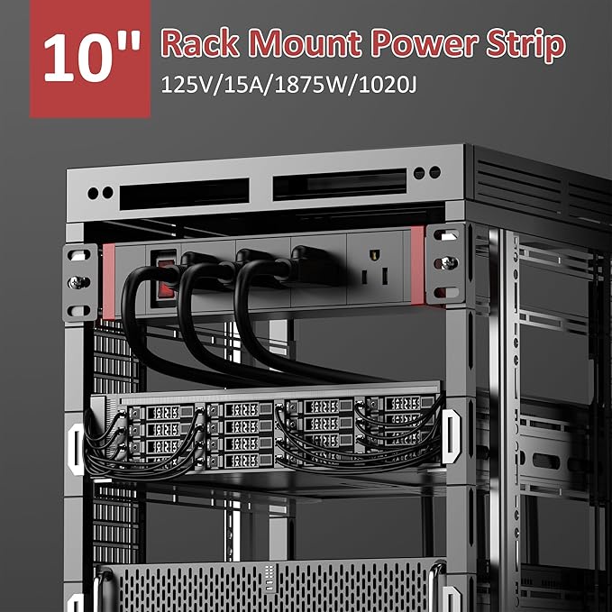 10 Inch Rack PDU Power Strip, 1U RackMount Surge Protector Power Strip with15A - Image 2