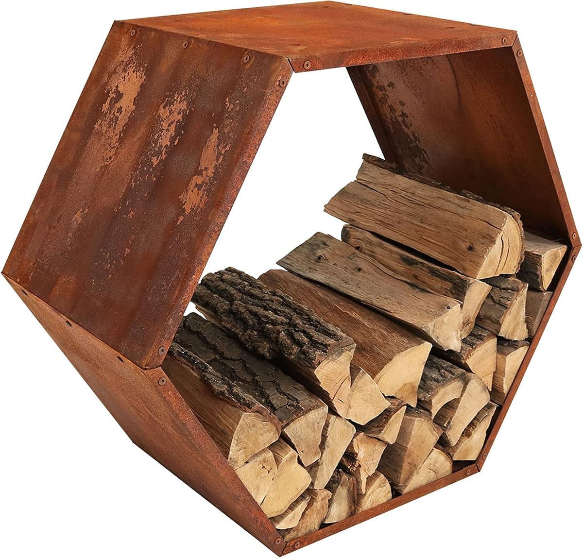sunnydaze steel outdoor firewood rack, 30” w, hexagon, main product view