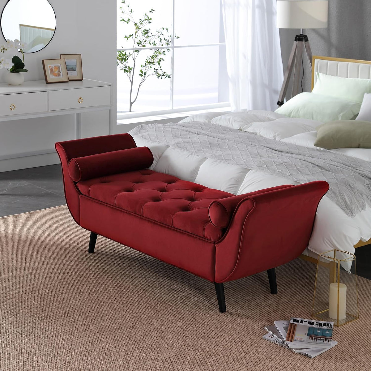 65" velvet storage bench, 65" vintage upholstered rolled, main product view