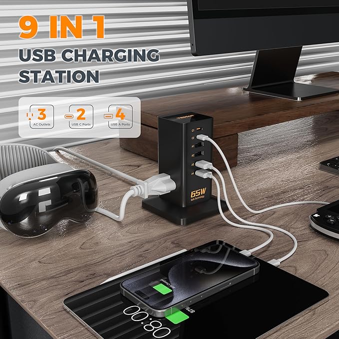 USB Charging Station for Multiple Devices PD 65W, TESSAN 9-in-1 USB C Charger - Image 4